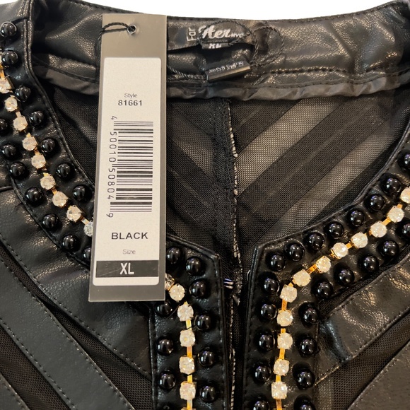 #A298  For Her NYC  BLACK Y2K  Glam Rock vegan Leather Jacket Rhinestones NWT XL - Picture 5 of 10